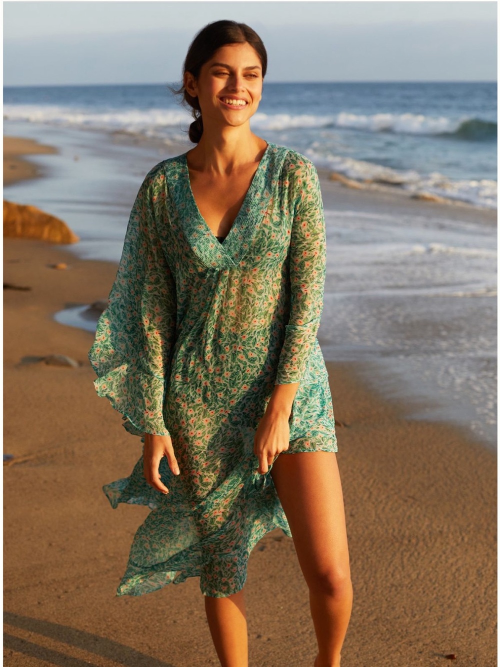 Roller Rabbit Green Floral Maxi Caftan with Pink Accents